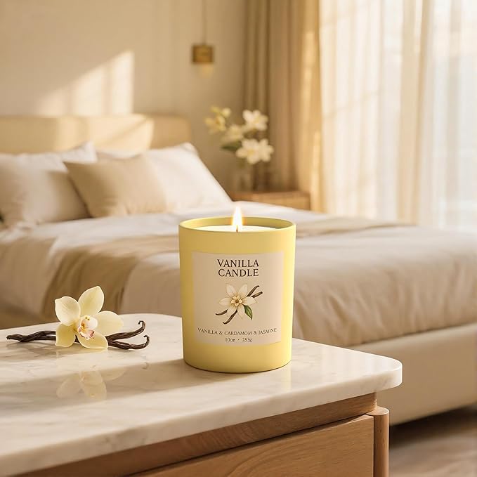NORVENCE Vanilla Candle, Vanilla Scented Candles for Women, 10oz Soy Candles with Bamboo Lid for Home Scented, Birthday Gifts for Women and Men, Hand-Poured Candle for Relaxation, Home Decor