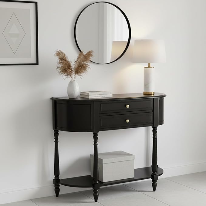 Black Entryway Table Narrow, Half Moon Console Table with Two Drawers, Solid Wood Mid Century Modern Console Table with Adjustable Legs for Living Room, Foyer, or Hallway