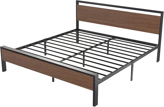SHA CERLIN 14 Inch King Size Metal Platform Bed Frame with Wooden Headboard and Footboard, Mattress Foundation, No Box Spring Needed, Large Under Bed Storage, Walnut