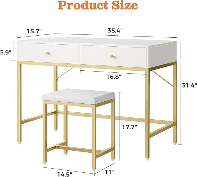 SUPERJARE 35.4" White and Gold Desk with 2 Drawers, Modern Makeup Vanity with Padded Stool, Small Computer Desk Home Office Desk for Writing Study Bedroom