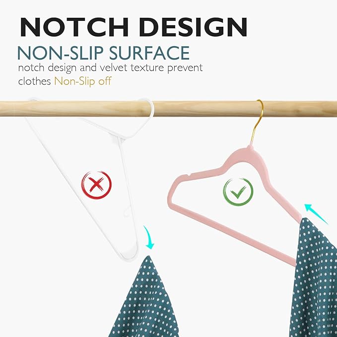 ManGotree Velvet Coat Hangers with 360° Swivel Gold Hook, Non-Slip Felt Suit Hangers, Slim Space Saving Clothes Hanger for Jacket, Sweater, Shirt, Dress, Pants (22 Pack, Light Pink)