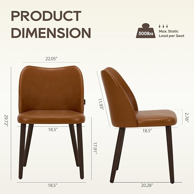 Wooden Dining Chairs Set of 2, Upholstered Kitchen Dining Room Chair, Modern Faux Leather Farmhouse Dinner Chair for Restaurant & Cafe, Light Brown