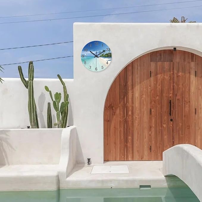 XFM Large Wall Clock Battery Operated Beach Coastal Wall Clocks 24 Inch Silent Non-Ticking Tropical Seascape Glass Wall Clock for Living Room Bedroom Kitchen Decor