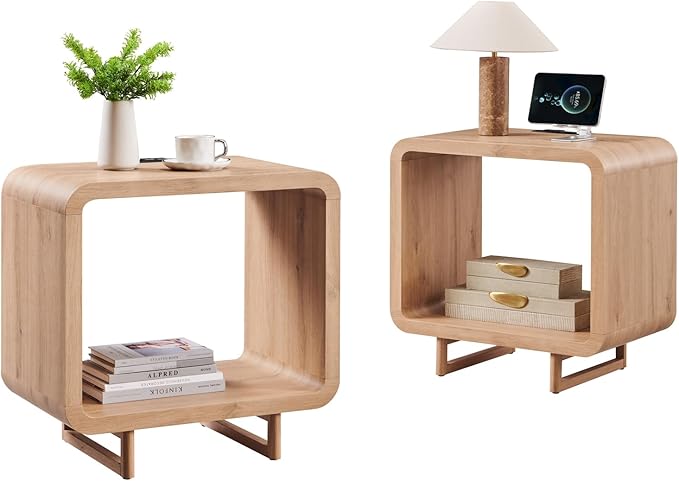 23.6" Modern End Table Set of 2, 2 Tier Side Table with Charging Station, Simple Bedside Table with Open Storage Shelf, Outlet, Wooden Nightstand for Bedroom, Living Room, Study, Natural Oak