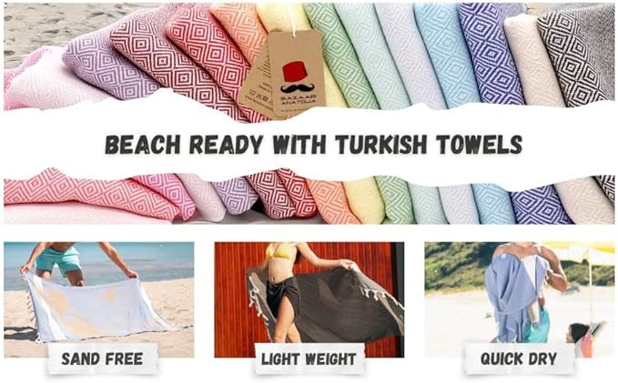 Bazaar Anatolia Turkish Beach Towel – 100% Cotton, Quick Dry, Sand Free Towel for Bathroom, Camping, Travel, Lavender – Oversized 71x39 Inches – Diamond Lilac