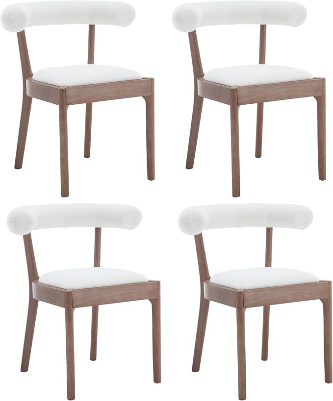 Kmax Dining Room Chairs Mid-Century Modern Sherpa Kitchen Chairs with Natural Walnut Finished Frame, Fur Curved Back, Set of 4, White