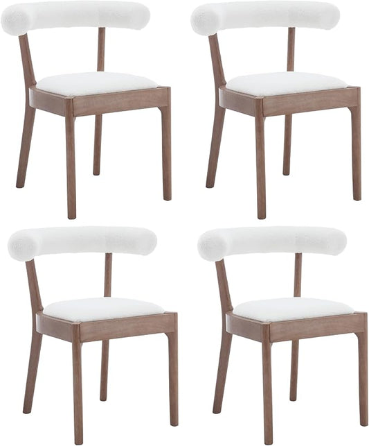 Kmax Dining Room Chairs Mid-Century Modern Sherpa Kitchen Chairs with Natural Walnut Finished Frame, Fur Curved Back, Set of 4, White