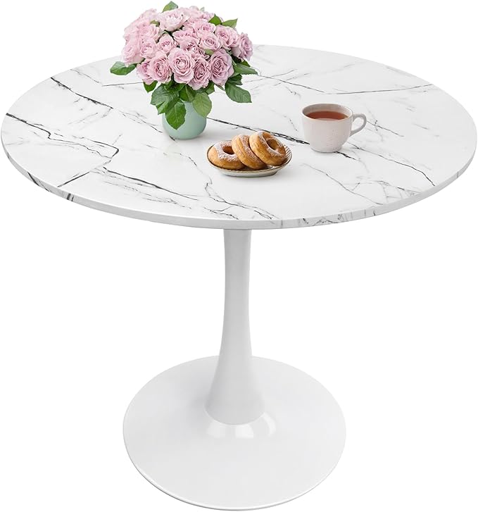 Small Space 31.5 Inch White Faux Marble Round Tulip Dining Table - Mid Century Pedestal Base Kitchen Table for 2-4 People - Easy Assembly & Easy to Clean