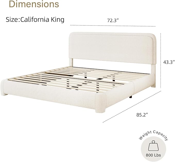 BarnFurin Boucle Upholstered California King Bed Frame/Soft Rounded Corners Headboard/Low Profile Bed Frame/No Box Spring Needed/Cream