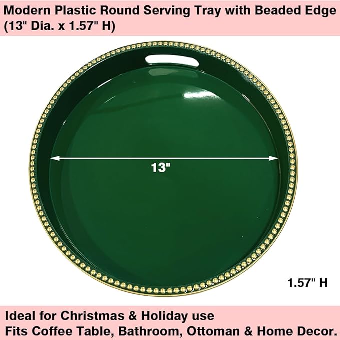 Green Decorative Tray for Coffee Table, Round Beaded Plastic Serving Tray forKitchen Counter, Ottoman, Living Room,(13")