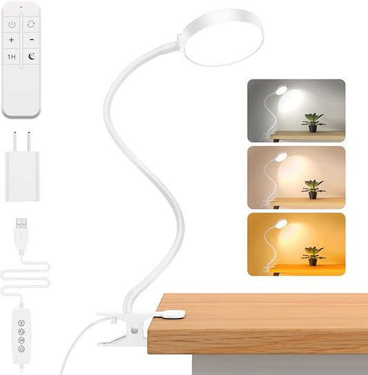 Reading Light with Remote, LED Desk Lamp Clip on [1H Timer & Nightlight] RA>95 Dimmable Flexible Gooseneck, Reading Lamp with Clamp for Table - 3.5'' (Adapter Included)