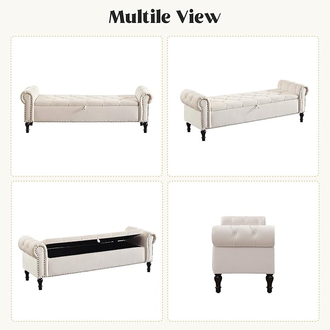 Storage Bed Bench for Bedroom, Velvet 67" End of Bed Benches, King Size Bench with Armrest, Tufted Button Upholstered Ottoman Bench for Living Room, Entryway, Cream Beige