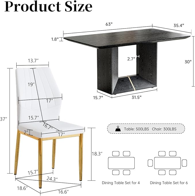 63" Modern Black Dining Table Set for 6 with Chairs, 7 Piece Rectangular Dining Room Table and 6 PU Leather Chairs, Kitchen Dining Set with Matte Wood Finish, Geometric Base, Easy Assembly