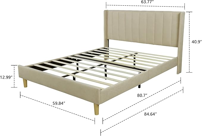 Low Profile Upholstered Platform Bed,Queen Beds with Beige(Linen)