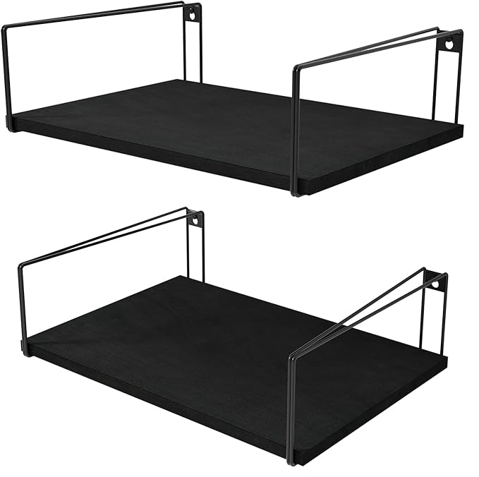 SRIWATANA Wide Floating Shelves, Rustic Wood Wall Shelves Set of 2, Wall Mounted Shelves with Large Capacity for Many Rooms Decor, Black