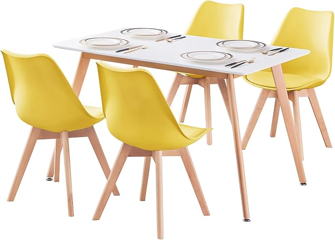 47.2" Rectangular Dining Table for 4-6 Person - White Modern Wooden Kitchen Table with Solid Wood Legs, Mid-Century Design for Dining Room, Living Room, and Kitchen