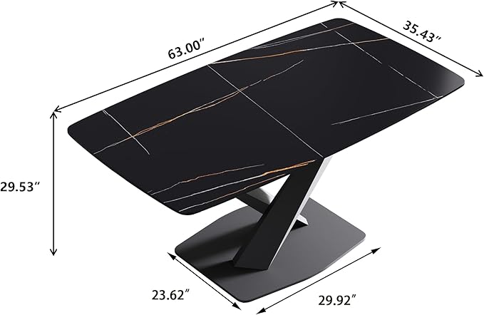 Modern Rectangle Marble Dining Table for 6,63" Black Marble Sintered Stone Top Dining Table,Rectangle Marble Dining Room Table with X-Shape Carbon Steel Pedestal for Kitchen/Living Room(Table Only)