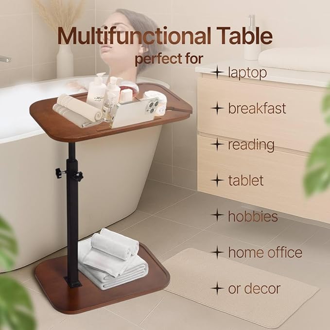 DAVIDOK C-Shaped Sofa End Table, Adjustable Height Couch Side Table with Device Slot, Brown Color with Black Metal Stand, Couch Table for Living Room, Bedroom