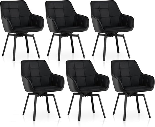 TUKAILAi Swivel Dining Chairs Set of 6, Faux Leather Upholstered Accent Dining Chairs with Metal Legs, Rotatable Armchairs Desk Chair for Home Office Kitchen Restaurant Modern (Black)