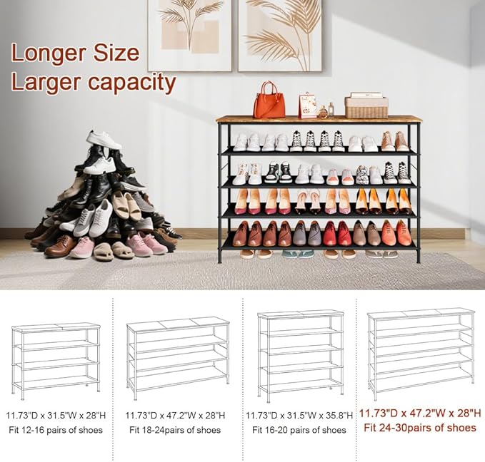 Shoe Rack Organizer 5 Tier Long Metal Organizer Shelf with Industrial MDF Board and Layer Fabric for Entryway Closet Bedroom Living Room Garage,Black & Rustic Brown
