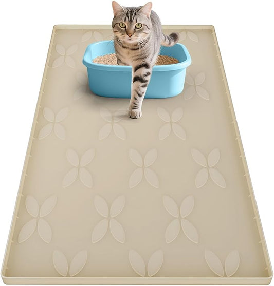 Cat Litter Mat, Large 34" x 22" Litter Box Mat, Waterproof Silicone Litter Mat for Litter Box, Non-Slip, Easy to Clean (Khaki)