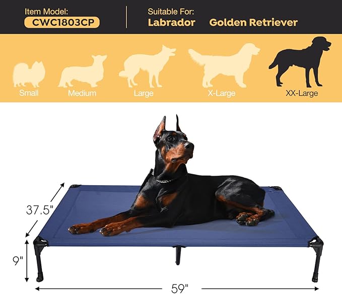 Veehoo Outdoor Elevated Dog Cot Bed, Cooling Raised Pet Bed for XX-Large Dog, Washable Breathable Mesh Hammock Bed with No-Slip Feet, Indestructible Ground Off Training Platform Cot-59"x37.5" Blue