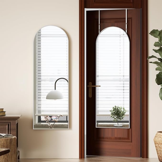 BEAUTYPEAK 14" x 48" Adjustable Height Over The Door Mirror, Arch Full Length Hanging Door Mirror with Shatterproof Tempered Glass Aluminum Alloy Frame for Bedroom, Living Room, Bathroom, Dorm, Silver