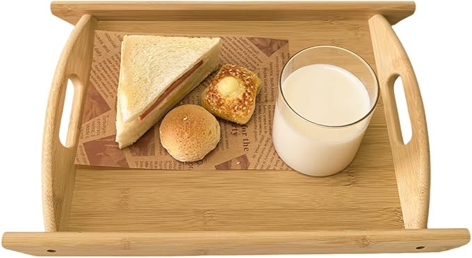 Bamboo Serving Tray Rectangle Platter Breakfast Dinner Food Bed Tray for Eating Kitchen Restaurants (1, 15" x 10.2" x 1.2" (with Handle))