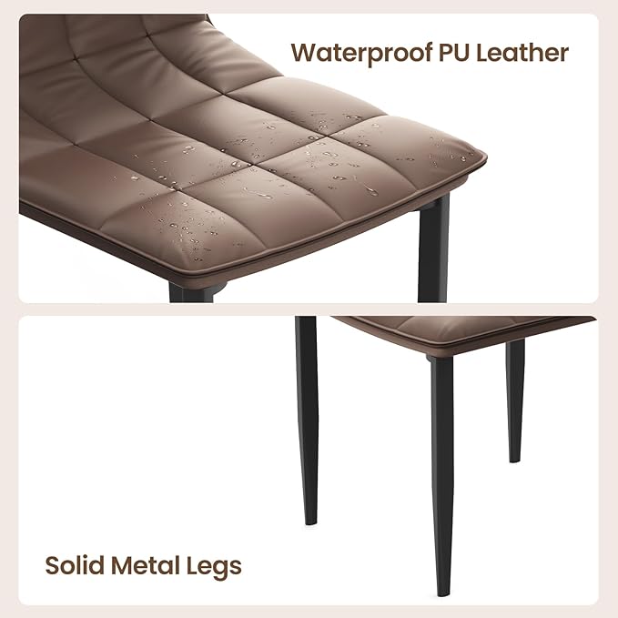 Dining Chairs Set of 2, PU Leather Upholstered Kitchen Chair with Metal Legs, Modern Accent Chairs, Brown Dinner Chairs for Kitchen, Dining Room, Restaurant, Cafe, Bedroom, Balcony, Courtyard