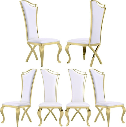 White and Gold Dining Chairs Set of 6, White PU Leather Dining Room Chair with Gold Polished Metal Legs, Glam Upholstered Kitchen Chairs for Dining Room, Kitchen, Living Room