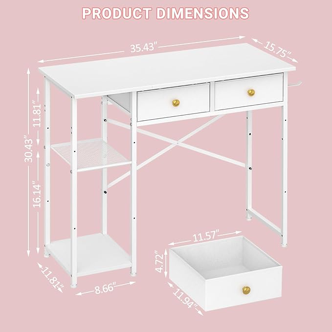 Vanity Desk Without Mirror, Makeup Vanity for Girls with 2 Fabric Drawers, Small Vanity Table with Iron Hook, 35 Inches Dressing Table with Storage, White