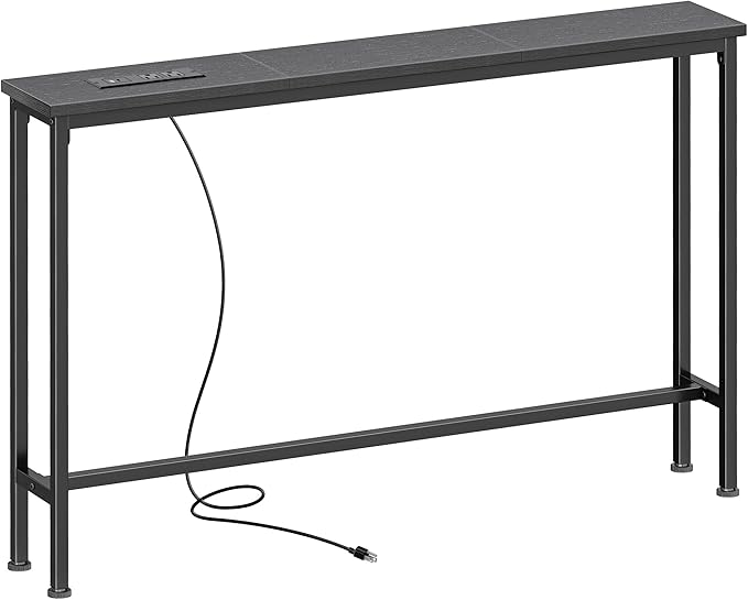 SUPERJARE 5.7 Inch Console Table with Outlet, Sofa Table, Behind Couch Table, 5.7 x 39.4 x 29.7 Inches, Metal Frame, Charging Station, for Living Room, Black
