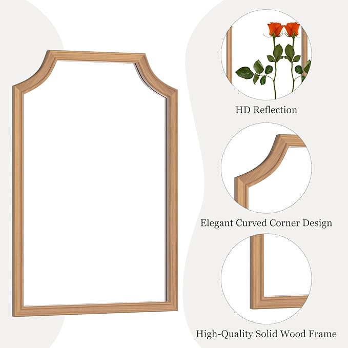 WallBeyond Scalloped Wood Mirror for Small Bathroom Vanity 20x30 Inch Rectangle Wall Mirror Decor for Hallway Bedroom Living Room Home (Honey-Colored)