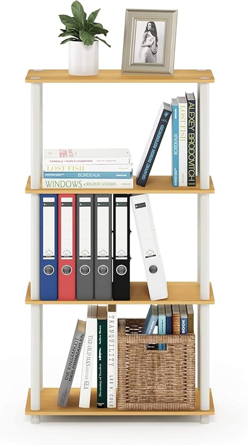 Furinno Turn-N-Tube 4-Tier Multipurpose Shelf Display Rack, Round Tubes, Blonde Maple/White