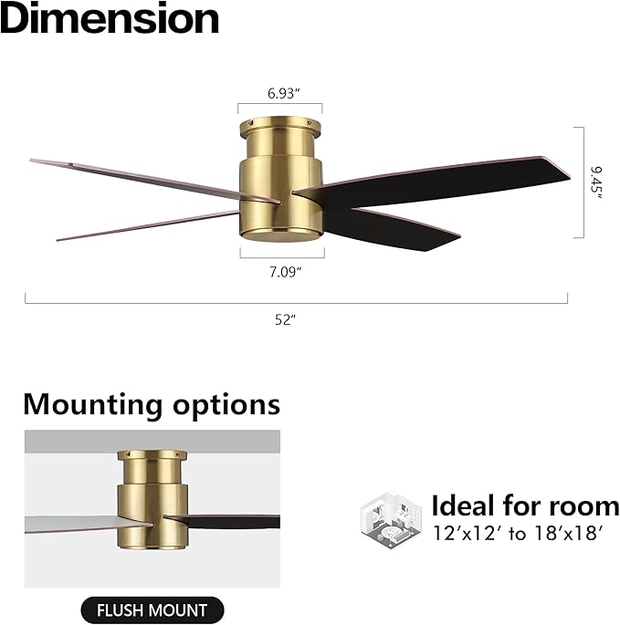 WINGBO 52" Flush Mount DC Ceiling Fan without Lights, 4 Reversible Blades, Ultra Quiet 6-Speed DC Motor, Hugger Low Profile Indoor Ceiling Fan No Lights, Brass Finish