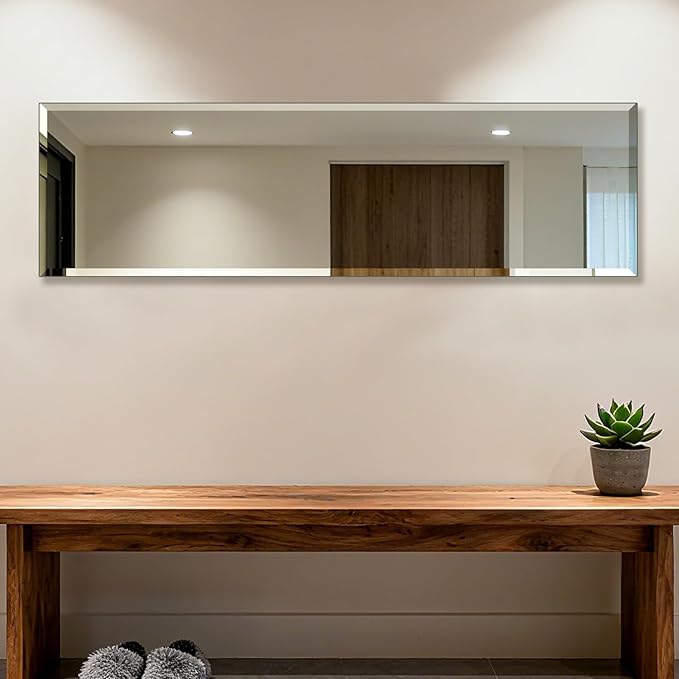 Ruomeng Frameless Full Length Mirror for Wall, 48x12 Inch Bathroom Vanity Mirror Farmhouse, Large Rectangle Mirror with Beveled Edge, Tempered Glass, Hangs Horizontally or Vertically