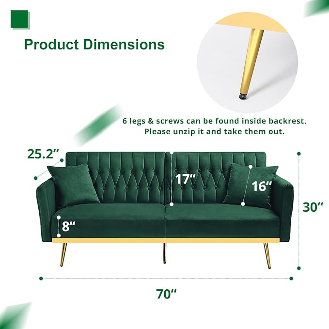70” Velvet Futon Sofa Bed w/Adjustable Backrests and Armrests, Convertible Futon Couch with 2 Pillows, Modern Tufted Sleeper Bed for Living Room, Bedroom,Green