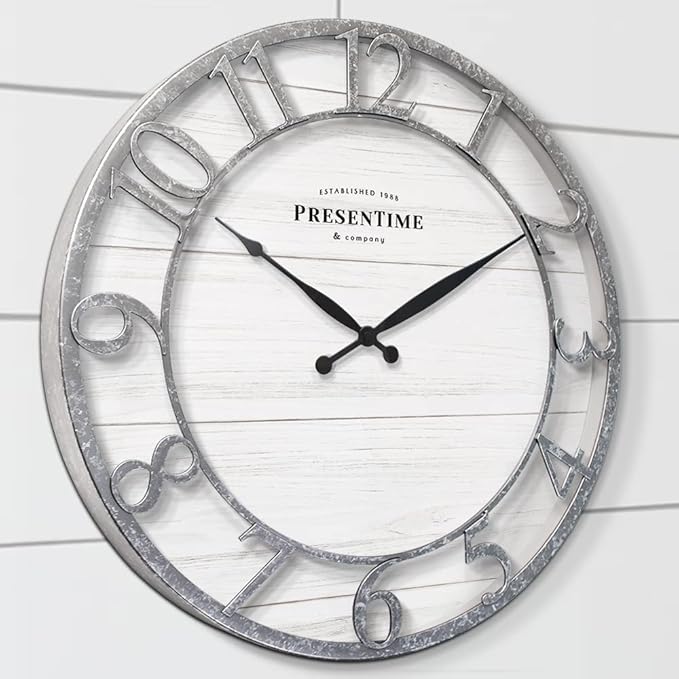 Presentime & Co 21" Farmhouse Series Wall Clock, Shiplap Style, Raised 3D Arabic Numeral, Galvanized Finish. Wall Décor for Living Room, Dining Room, and Entryway.