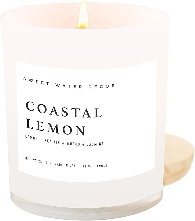 Sweet Water Decor Coastal Lemon Scented Candles - Soy Candles with Lemon, Sea Salt, & Driftwood for Home Decor - Candle Wax with 50 Hours Burn Time - 11Oz Wood Lid White Jar Candles for Home Scented