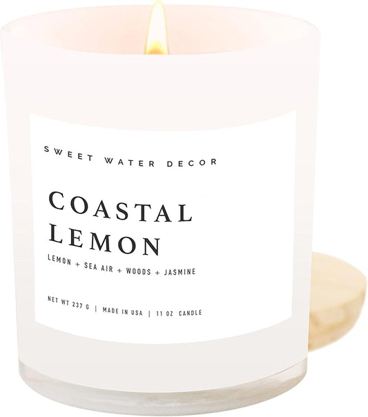 Sweet Water Decor Coastal Lemon Scented Candles - Soy Candles with Lemon, Sea Salt, & Driftwood for Home Decor - Candle Wax with 50 Hours Burn Time - 11Oz Wood Lid White Jar Candles for Home Scented