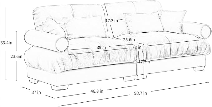 93.7” Loveseat Sofa, 2 Seater Modular Sectional Sofa, Olive Large Sectional Couches for Living Room, Fluffy Couch Set, Love Seat, Velvet Cloud Couch with 4 Pillows, Deep Seat Sofas for Living Room