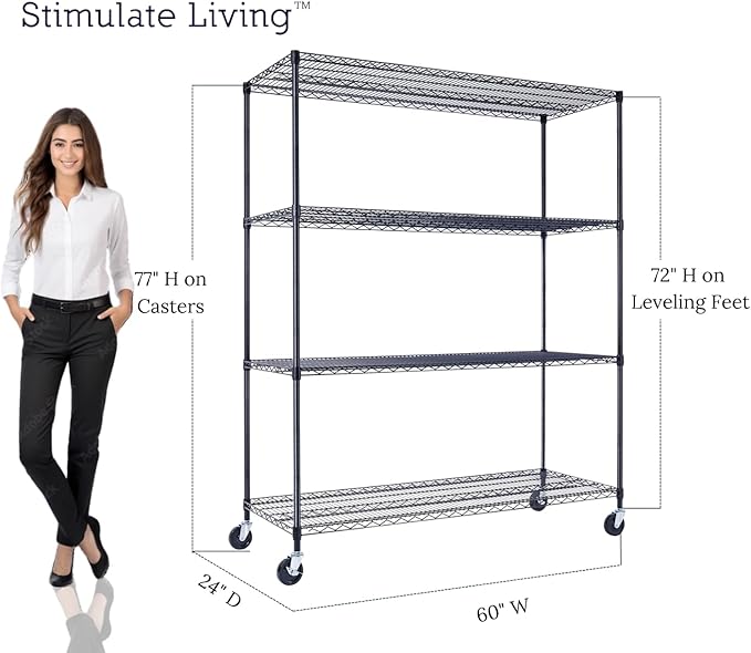 60"x24"x72" PRIME HEAVY DUTY Black 4-Tier Wire Shelving NSF 2400 LBS MAX Capacity Storage Rack for Commercial, School, Home, Garage, Warehouse, Industrial, and Hospital Uses (with Wheels)