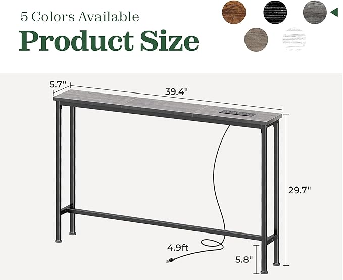 SUPERJARE 5.7 Inch Console Table with Outlet, Sofa Table, Behind Couch Table, 5.7 x 39.4 x 29.7 Inches, Metal Frame, Charging Station, Charcoal Grey