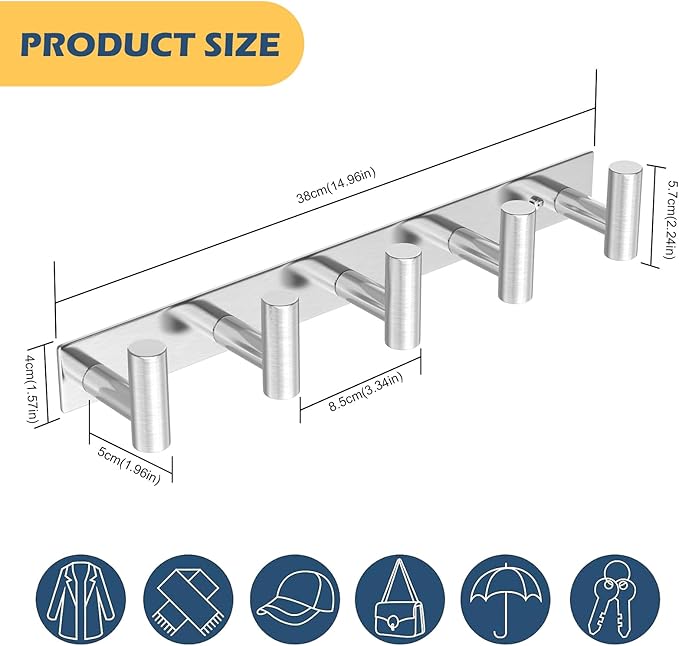 HUFEEOH Silver Coat Hooks Wall Mount, T Shaped 5 Hooks Stainless Steel Wall Hooks Towel Rack for Hanging, Heavy Duty Key Holder Hat Rack Used for Bathroom