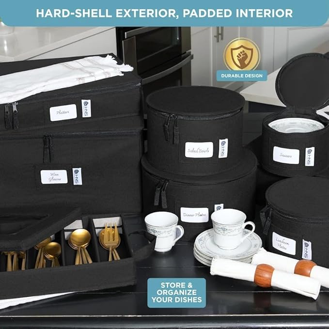 Hard Shell China Storage Containers 12-Piece Set Moving Boxes for Dinnerware, Glasses, Plates, Mugs and Saucers Sturdy Dish Organizer with Dividers for Seasonal Storage - Service for 12 - Black