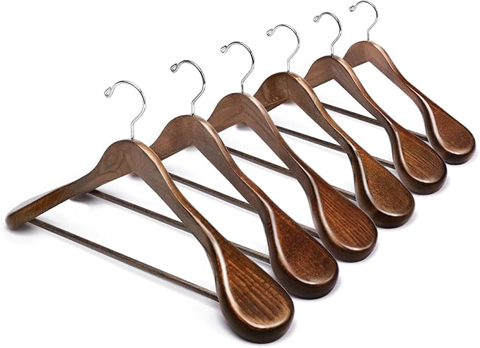 Amber Home 6 Pack Walnut Wide Shoulder Wooden Suit Coat Hangers with Non Slip Pants Bar, Solid Wood Jacket Clothes Hangers Smooth Finish for Sweater, Pants, Heavy Clothes (Walnut, 6 Pack)