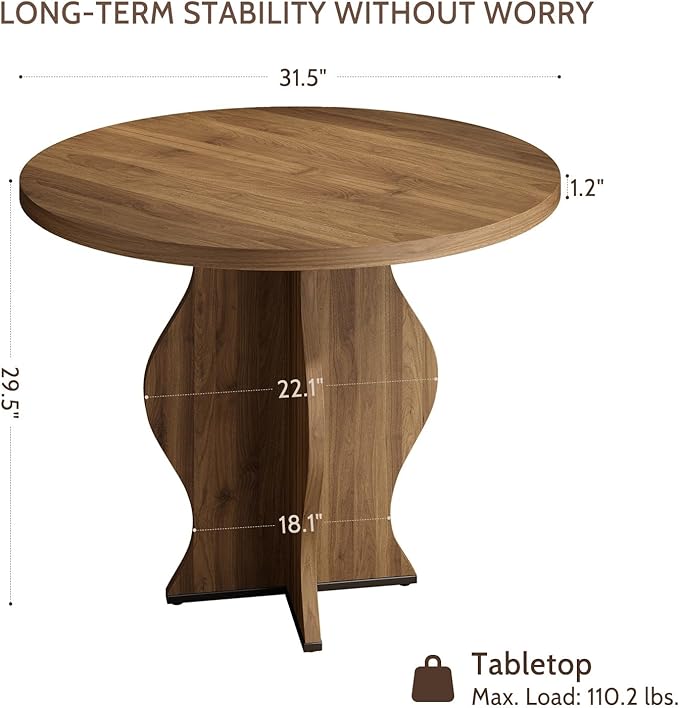 31.5 Inch Small Round Dining Table for 2, Modern Farmhouse Wood Kitchen Table, Rustic Walnut Circle Dining Room Table with Pedestal Base for Kitchen and Dining Room Furniture