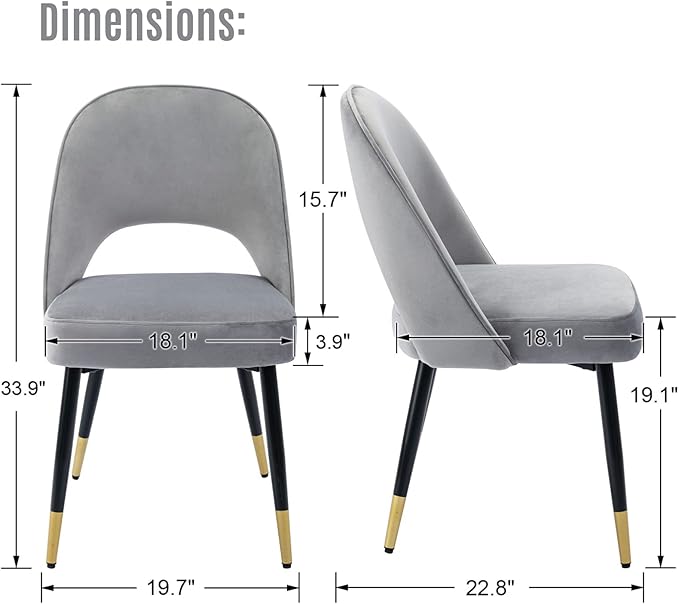 LukeAlon Classic Velvet Dining Chairs Set of 4, Upholstered Open Back Kitchen Chairs with Metal Legs Armless Side Chairs Mid Century Dining Chair for Dining Room, Grey