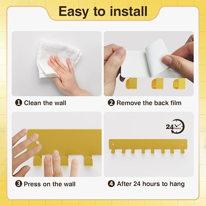 pickpiff Key Holder Wall Mount, Adhesive Key Rack with 8 Hooks Hanger for Car Key Ring, Metal Key Chain Organizer, Gold 1 Pack