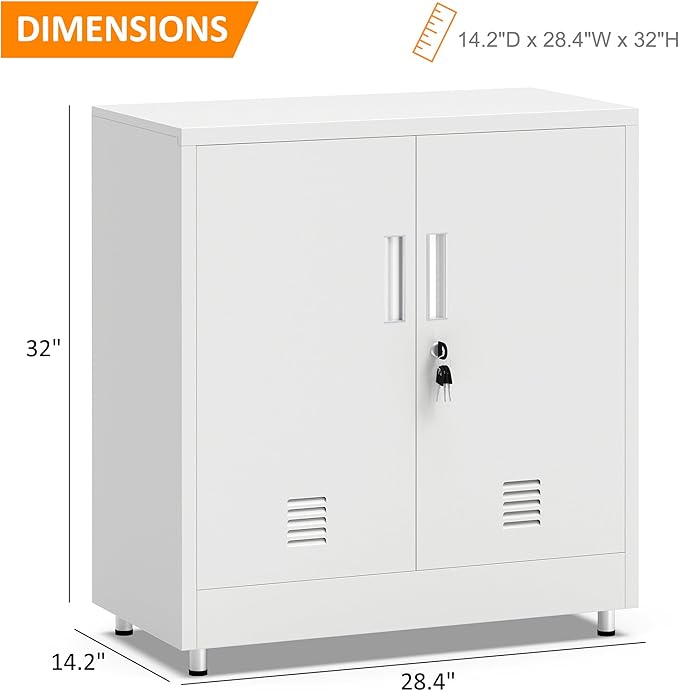 Metal Storage Cabinet with Locking Doors and Adjustable Shelf, Small Lockable Sideboard Buffet Cabinet for Home, Office, Entryway, Hallway, Living Room, Kitchen and Dining Room (White)